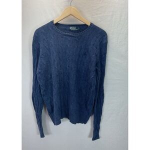 VTG Polo Ralph Lauren Cable Knit Pullover Sweater Navy Blue Cotton Mens M Pony